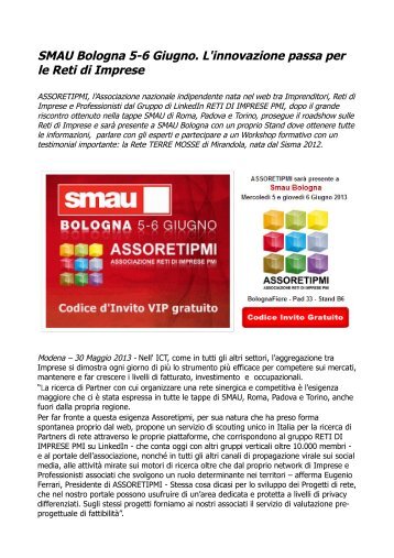 ASSORETIPMI a SMAU Bologna 5-6 Giugno 4° tappa roadshow Reti di Imprese