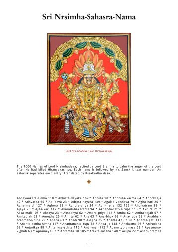 The 1000 Names of Lord Nrsimhadeva, recited by Lord Brahma to ...