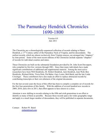 The Pamunkey Hendrick Chronicles 1690-1800 - Bob's Genealogy ...