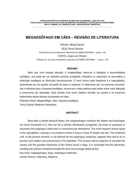 MEGAESÔFAGO EM CÃES – REVISÃO DE LITERATURA - Revistas