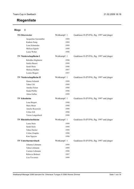 Riegenliste Team-Cup 2009 - TuS Reichenbach