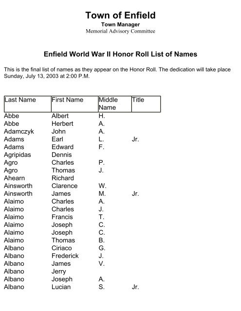 Town Of Enfield Ct >> World War Ii Honor Roll Town Of Enfield Ct Town Of Enfield Ct >> World War Ii Honor Roll Town Of Enfield Ct