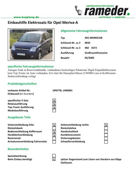 Einbauhilfe Elektrosatz für Opel Meriva-A