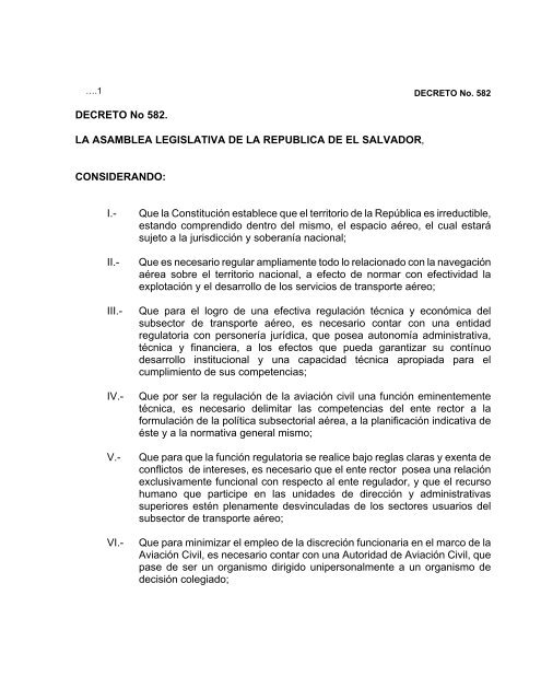 DECRETO No 582. LA ASAMBLEA LEGISLATIVA DE LA ...