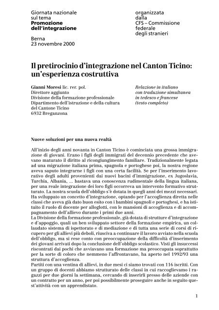 Il pretirocinio d'integrazione nel Canton Ticino: un ... - gianni-moresi.ch