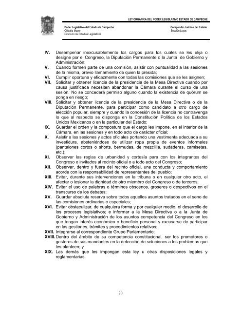 Ley Órganica del Poder Legislativo del Estado de Campeche.