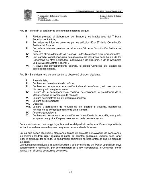 Ley Órganica del Poder Legislativo del Estado de Campeche.