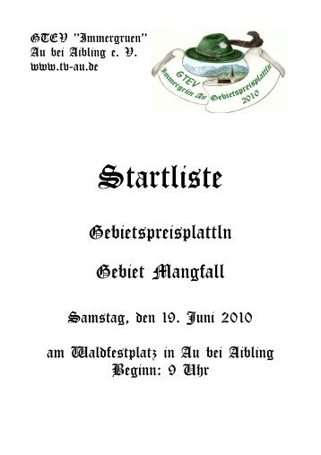 Startliste - GTEV Immergrün Au