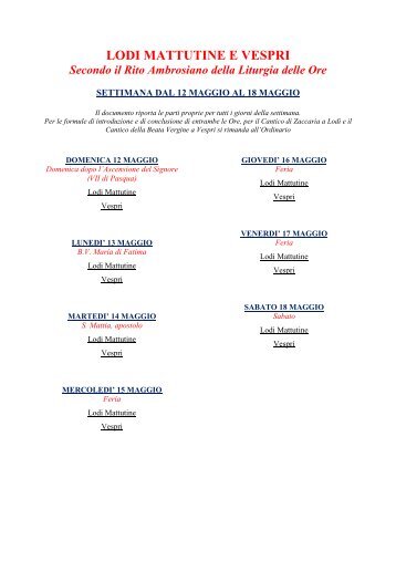 Lodi e Vespri Ambrosiani dal 12 al 18 Maggio - Carbonate