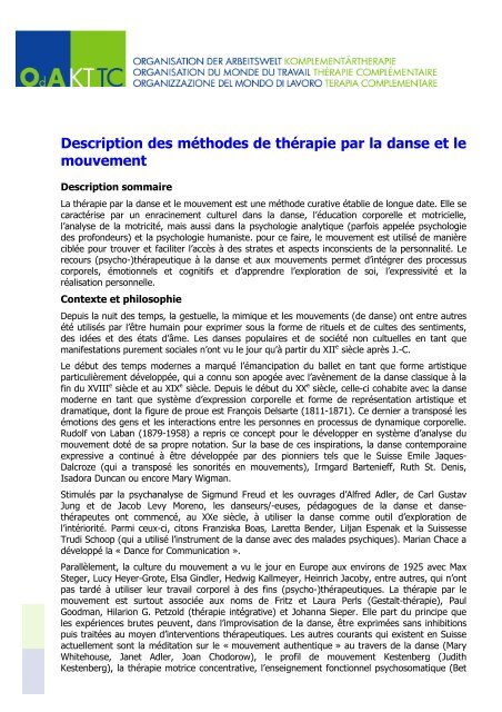 Description des méthodes de thérapie par la danse et le ... - OrTra TC