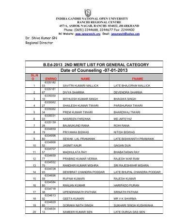 B.Ed 2nd list - IGNOU Ranchi Regional Centre