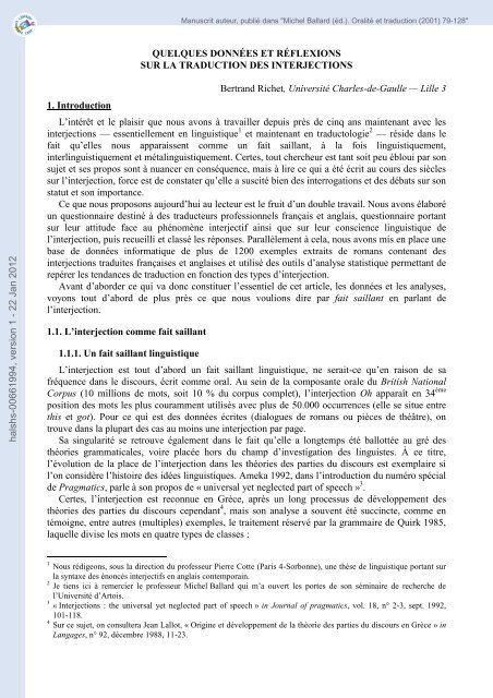 Quelques Donnees Et Reflexions Sur La Traduction
