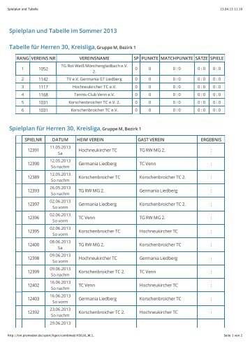 Spielplan und Tabelle - TV Germania Liedberg