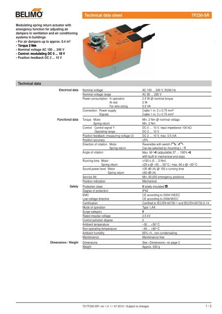 Spring return actuator Belimo TF230-SR for the operation of air ...