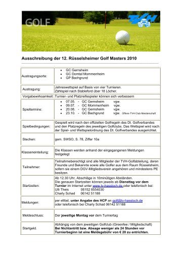 Ausschreibung der 12. Rüsselsheimer Golf Masters 2010