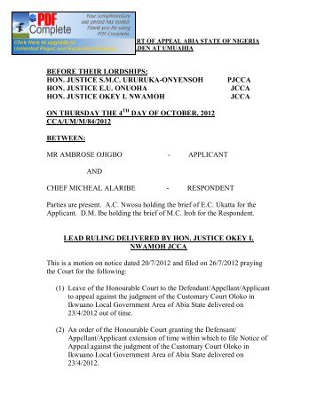 lead ruling delivered by hon. justice okey i. nwamoh ... - cca abia state