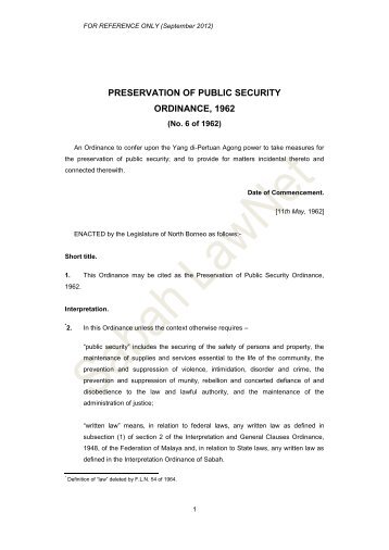 preservation of public security ordinance, 1962 - Sabah Lawnet