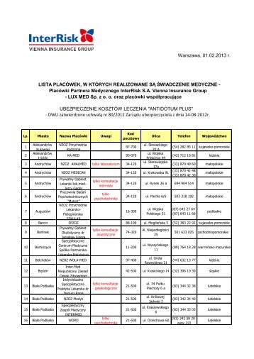 Lista placówek medycznych ANTIDOTUM PLUS pobierz ... - InterRisk