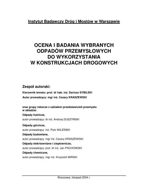 Ocena i badania wybranych odpadów przemysłowych - Generalna ...
