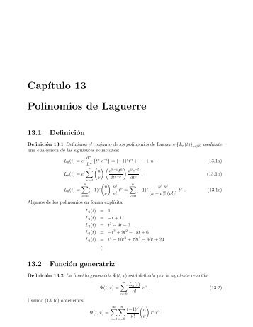 Cap´ıtulo 13 Polinomios de Laguerre