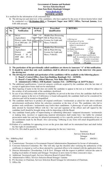 Driving Test and Interview for the post of Driver (Agriculture)