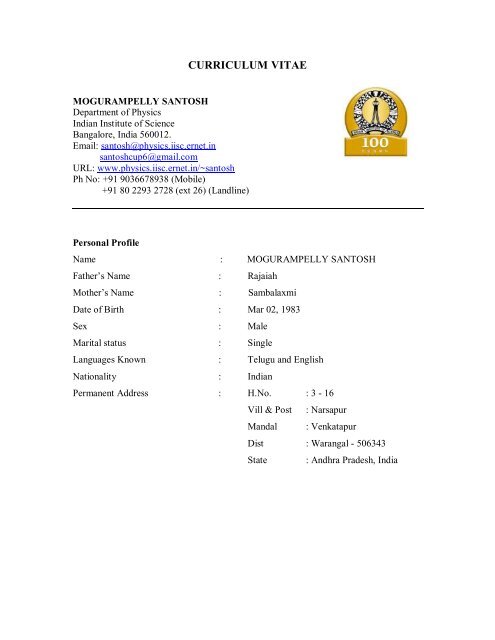 Download My CV - Physics - Indian Institute of Science