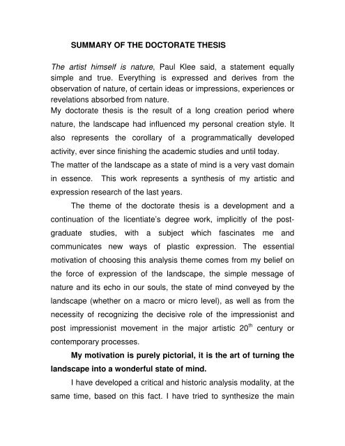 SUMMARY OF THE DOCTORATE THESIS The artist himself is ...