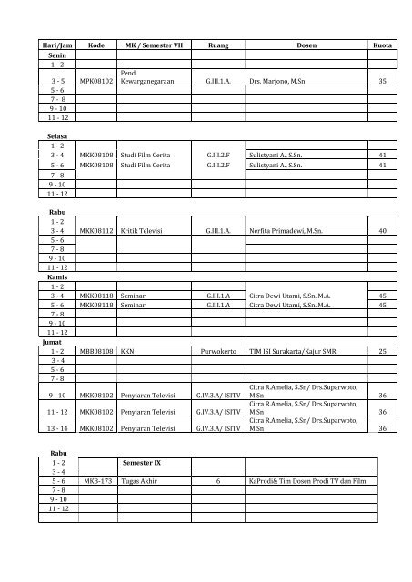 jadwal perkuliahan prodi televisi dan film[1] - Televisi Dan Film - ISI ...