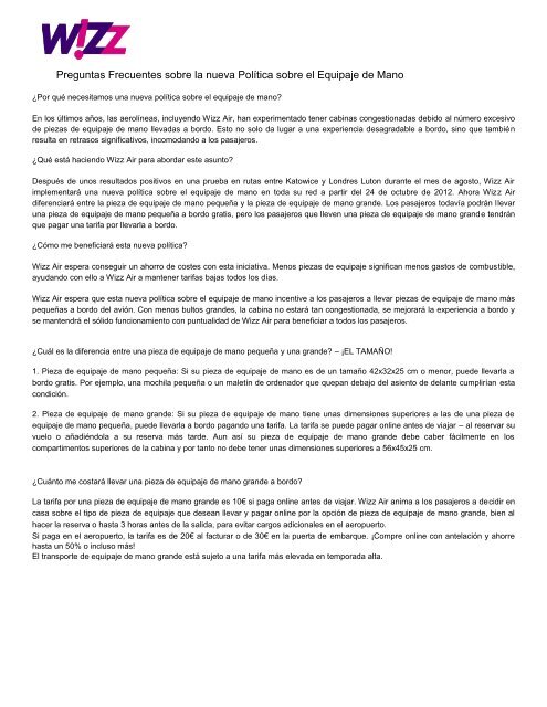 Preguntas Frecuentes sobre la nueva Política sobre el  - Wizz Air