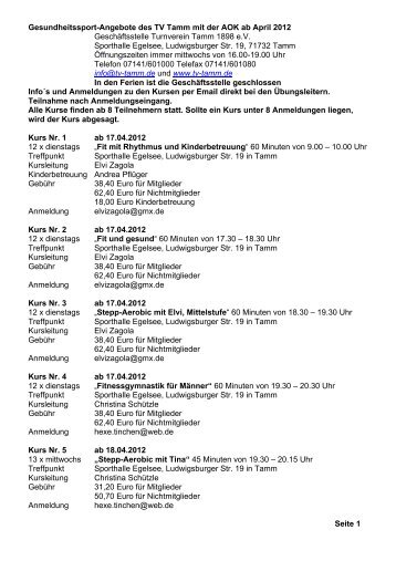 neue Kurse ab April 2012 - Turnverein Tamm e.V. 1898