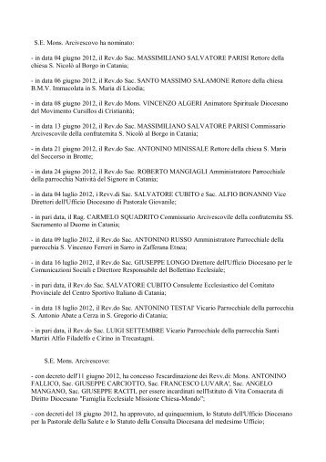 Nomine arcivescovili dal 04 giugno 2012 al 18 - Arcidiocesi di Catania