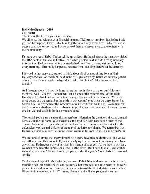 Kol Nidre Appeal 2003 One Rosh Hashanah morning, the Rabbi ...