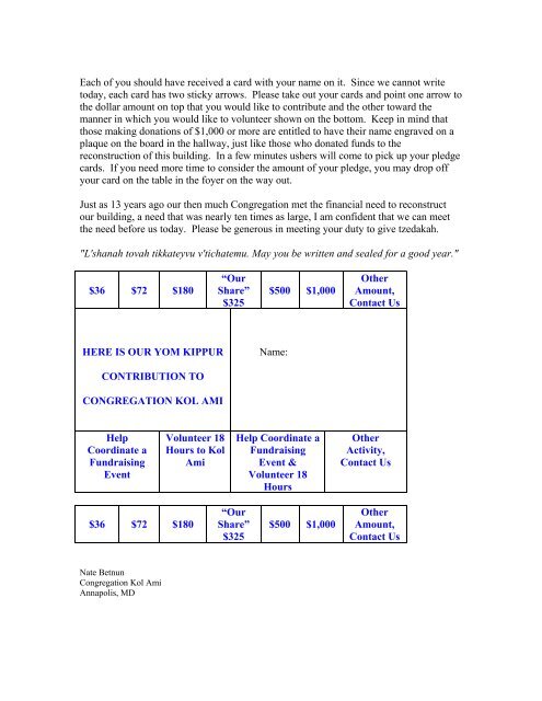 Kol Nidre Appeal 2003 One Rosh Hashanah morning, the Rabbi ...