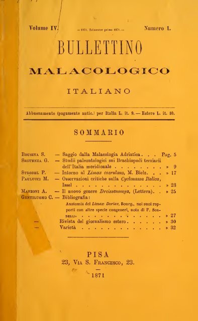 Bullettino malacologico italiano - Società Italiana di Malacologia