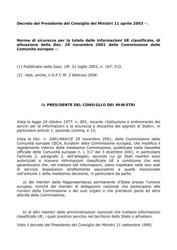 Decreto del Presidente del Consiglio dei Ministri 11 aprile 2003 (1)