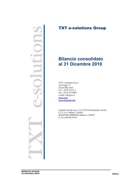 Bilancio consolidato al 31 Dicembre 2010 - TXT e-solutions