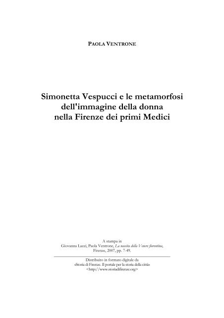 Simonetta Vespucci E Le Metamorfosi Dell Storia Di Firenze