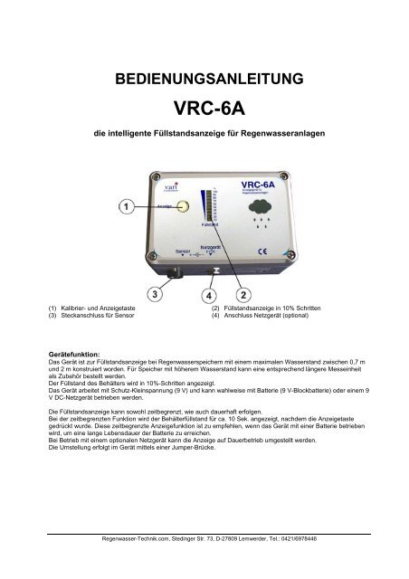Füllstandsanzeige VRC 6A - Regenwasser-Technik.com