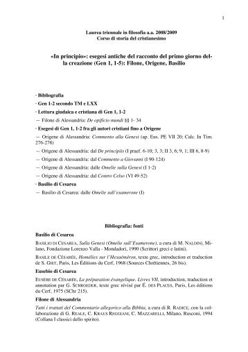 (Gen 1, 1-5): Filone, Origene, Basilio - Dipartimento di Storia