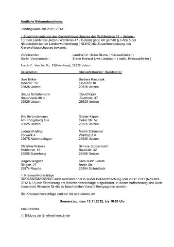 Amtliche Bekanntmachung zur Landtagswahl am 20.01.2013