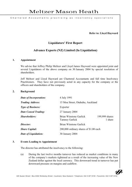 Liquidators' First Report Advance Exports (NZ) Limited (In Liquidation)