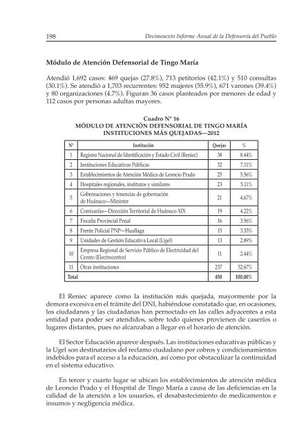 Decimosexto informe AnuAl DefensoríA Pueblo