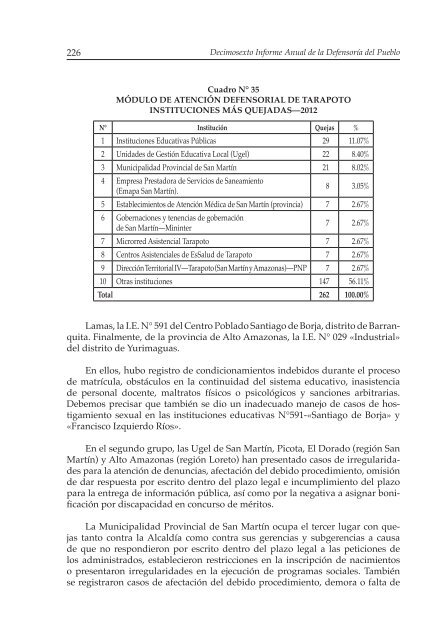 Decimosexto informe AnuAl DefensoríA Pueblo