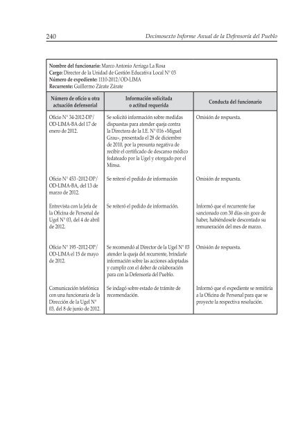 Decimosexto informe AnuAl DefensoríA Pueblo