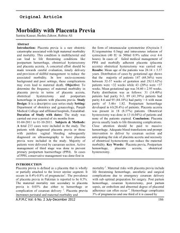Morbidity With Placenta Previa - Punjab Medical College
