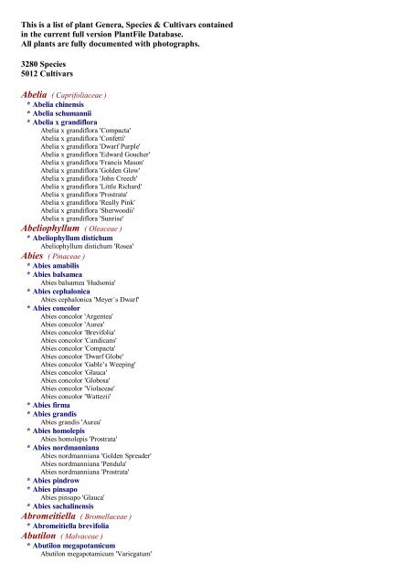 This is a list of plant Genera, Species & Cultivars ... - PlantFile USA