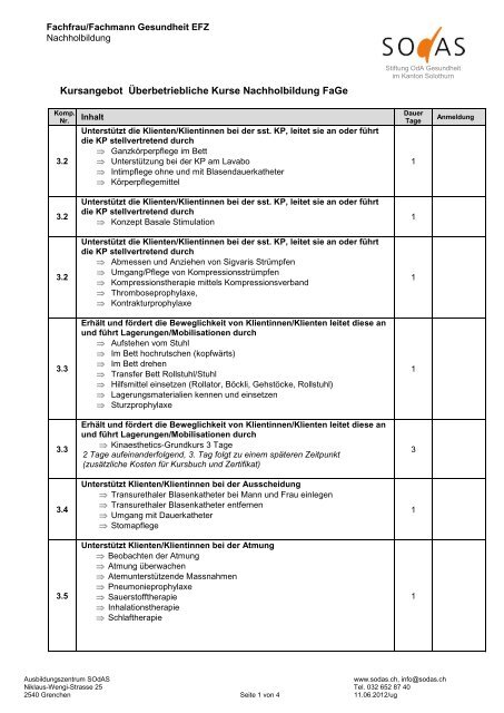 Kursangebot Überbetriebliche Kurse Nachholbildung FaGe - Sodas.ch