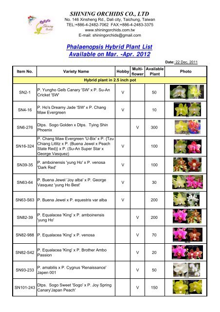 4. Phalaenopsis Hybrid Plant List-Available on Mar. -Apr. 2012