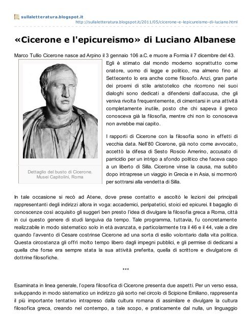«Cicerone e l'epicureismo» di Luciano Albanese