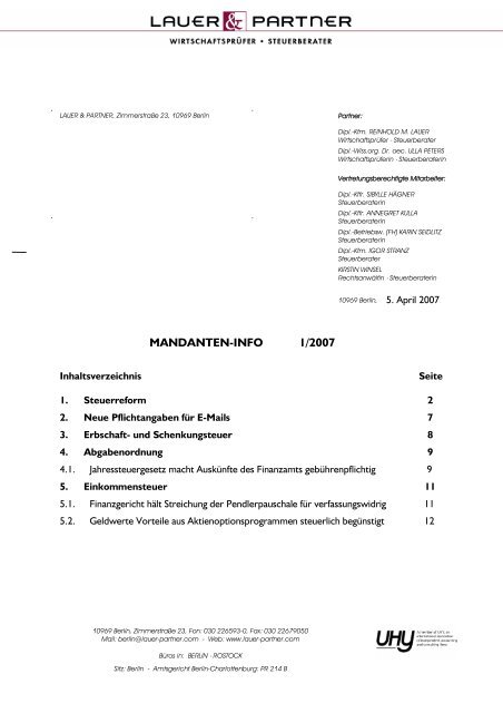 MANDANTEN-INFO 1/2007 - UHY Lauer & Dr. Peters KG ...